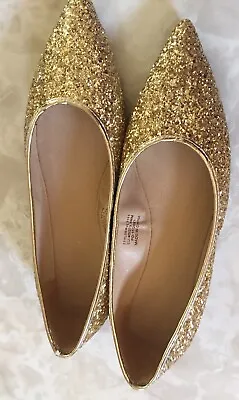 Formal Gold Sequin Sparked Ladies Flat Shoe EU Size 40 US 9.5 Narrow “run Small” • $11.60