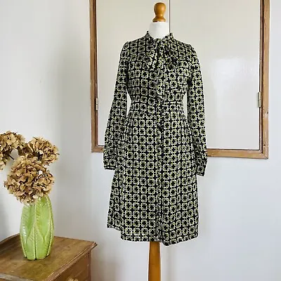 70s Style Black Green Geometric Print Pussy Bow Neckline Long Sleeve Dress 8 • £18