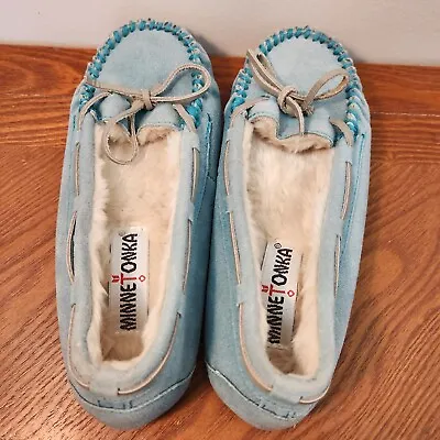 Minnetonka Moccasins Womens Sz 7 Driving Mocs Loafers Smooth Blue Leather Shoes • £16.77