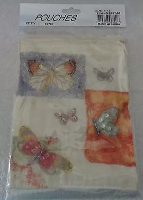 6 Ivory 5x7  Muslin Butterfly Printed On Front Drawstring Beaded Favor Bags • $25.49