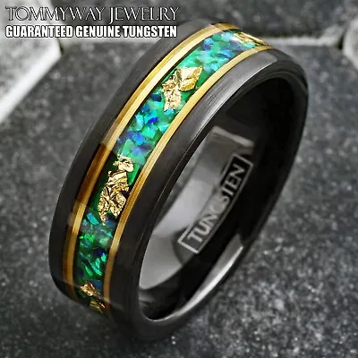 Black Tungsten Carbide Ring Green Opal With 24K Gold Foil Leaf Wedding Band • $25.99