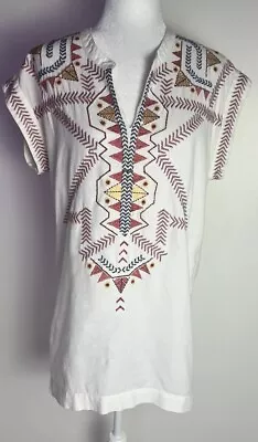 Zara Aztec Embroidered Ivory Linen & Cotton Blend Tunic Mini Dress Sz S • $24.95