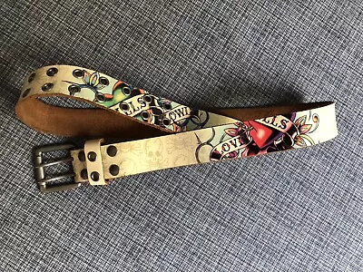 Vintage Ed Hardy Love Kills Slowly Double Hole Leather Belt Medium (30-31) • $33.44