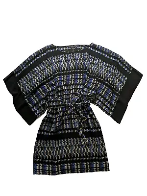 BCBG MaxAzria Lois Scarf Dress S Womens Kimono Sleeve Blue Tie Waist Geometric • $26.99