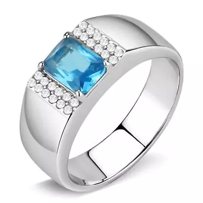 Mens Blue Topaz Ring Enamel Cut Signet Pinky Silver  Cz Stainless Steel • £19.95