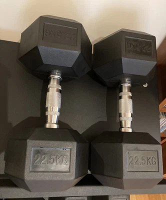 $135 • Buy 22.5 Kg Rubber Hex Dumbbell Pair