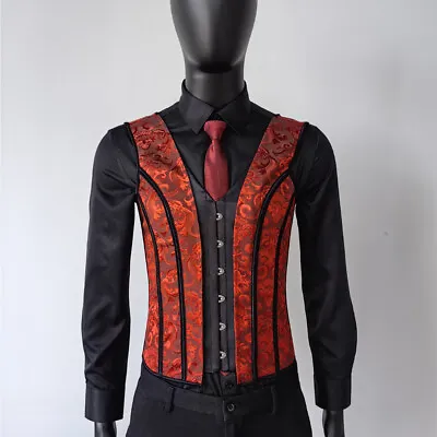 Elegant Corset Vest Men Tighten Abdomen Vintage Waistcoat Lace Up Bones Tops Red • $50.59