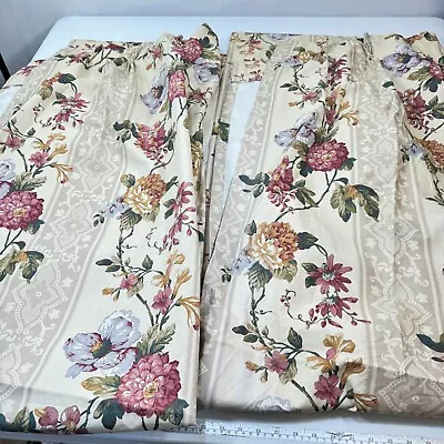 Vintage Pinch Pleat Drapes Curtain Panel Pair Beige Pink Floral Mcm Usa • $70