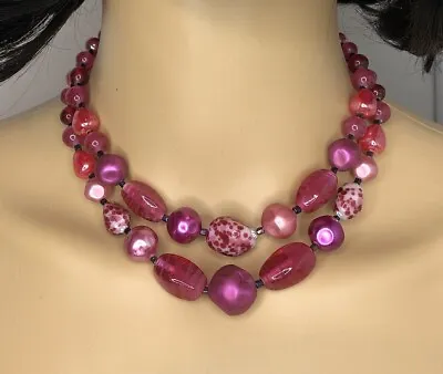 Vintage Signed JAPAN Pink Glass Beaded Double Strand Necklace Silver Tone Hook • $20