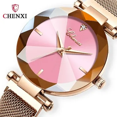 Womens Most Popular Round Face Rose Gold Crystal Magnetic Mesh Band Quartz Watch • $31.99
