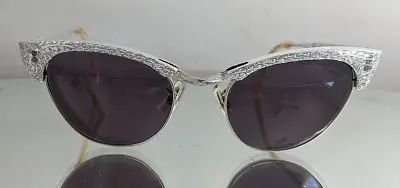 VTG* 60s* Filagree Aluminum Cat Eye Sunglasses Purple Lenses* Non Rx* Original* • $42.46