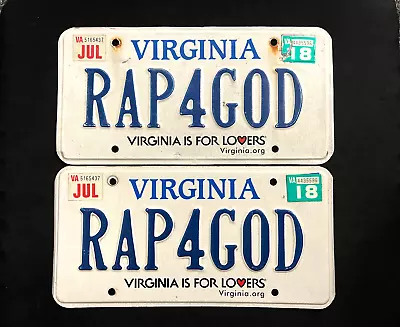 2018 Virginia License Plate Pair RAP4GOD ...... PERSONALIZED / VANITY • $19.95