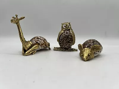 Vintage Cowrie Shell Figurines Owl Mouse Giraffe With Gold Metal Detail READ • $89