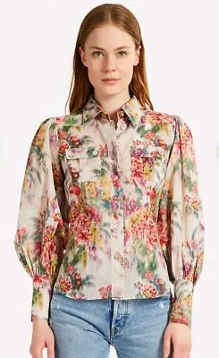 Zimmermann Cotton Shirt Size 2 10 Wavelength Billow Sleeve Blouse Long Sleeve... • £114.68