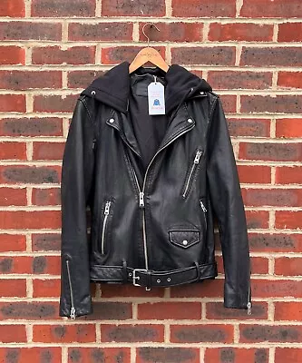 All Saints Mens RENZO Leather Biker Jacket MEDIUM Removable Hood Bomber A35 • $298.80