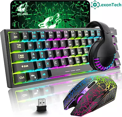 Wireless Gaming Keyboard And Rainbow LED Backlight RGB Mute Mice Headsets Combo • $95.99