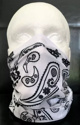 Biker Tube Snood Scarf White Black Paisley Mask For Under Helmet Ski Face Cover • £2.79