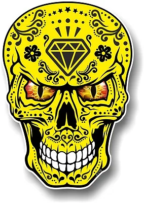 LARGE Realistic Mexican Sugar Skull Yellow & Black + Evil Eyes Car Sticker Decal • £4.89