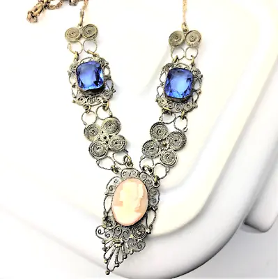 Vintage Italian Filigree Cameo Necklace Blue Stone Victorian Style Jewellery Mum • £68