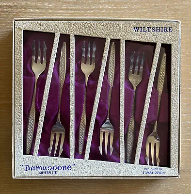 Vintage WILTSHIRE 6 Cake Forks DAMASCENE Silver Plate By Stuart Devlin BNIB • $35
