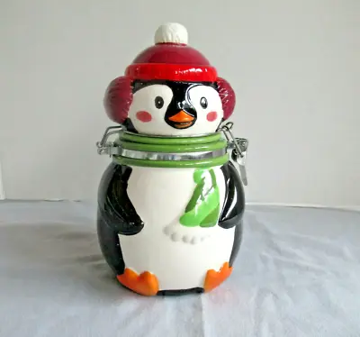 Celebrate It! Christmas Penguin Cookie Jar Vintage 7-1/2  High Ear Muffs Scarf • $18.95