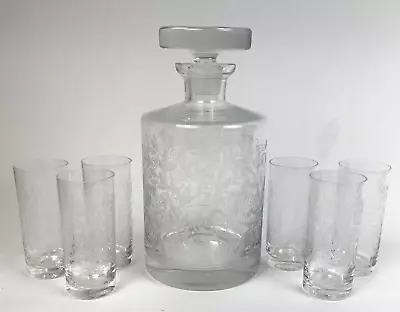 Vintage Etched Glass Decanter Set 7 Cordial Shot Glasses Bar Vines Leaves • $41
