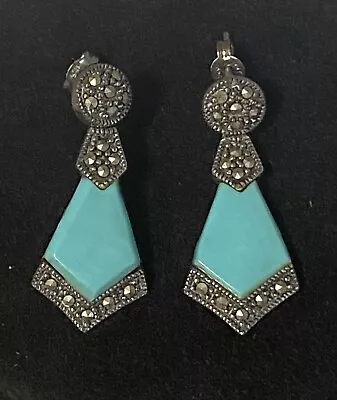 Sterling Silver Turquoise & Marcasite Dangle Earrings Art Deco Design • $34.99