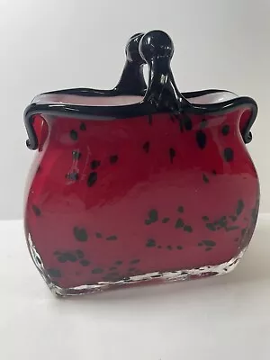 Murano Style Art Glass Red And Black Dots Hand Blown Coin Purse Vase • $50