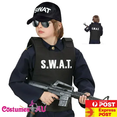 Boys SWAT Vest Hat Police Officer Costume Child Cops Kids Army Book Week Uniform • $27.49