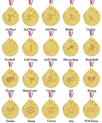 Personalised Engraved Gold Coloured Metal Medals With Ribbon 1st Sports Trophy • £5.99