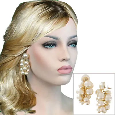 Jumbo Simulated Pearl Beaded Chunky Chandelier Pierced Earrings • $11.19