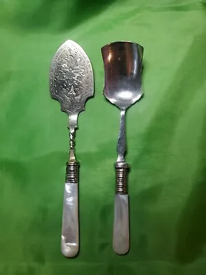 Etched Small Server And EPNS  Sugar Cube Spoon With Mother-of-pearl Handles • $40