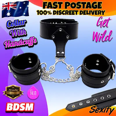 Collar Restraint Set Handcuffs BDSM Bondage Wrist Metal Chain Choker Sex Toy New • $26.95
