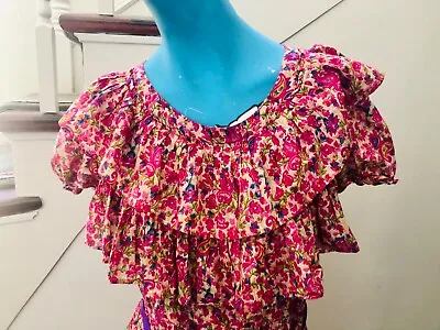 Sz. L Vintage Indian Cotton Dress - Fuchsia Floral Paisley With Turquoise/purple • $20