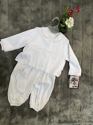 RRP£39  Couche Tot Baby White FINE KNIT Suit & Cardigan & Socks 9-12 Mths • £9.99