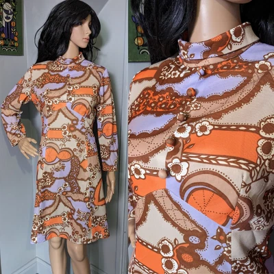 £32.99 • Buy Vintage 60s Psychedelic Floral A Line Shift Tea Dress Mod 10 12 38