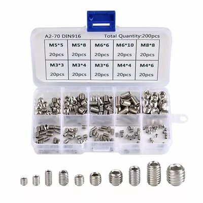 200Pcs Hex Socket Set Screws With Cone Piont Assortment Kit M3/4/5/6/8 Stainless • $10.97