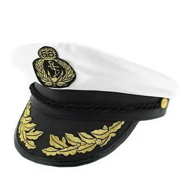 White Captains Sailor Peaked Cap Fancy Dress Mens Uniform Nautical Costume Hat  • £8.99