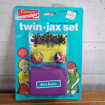 Vintage 1979 CHEMTOY TWIN Metal JAX SET  Jacks Case Bounce Balls BIG WHEEL TAG • $19.89