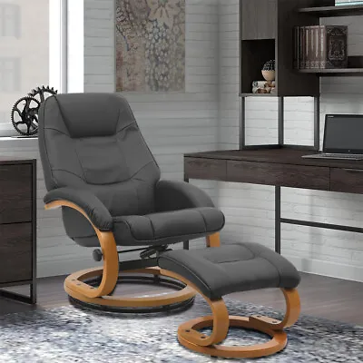 Swivel Manual Recliner Chair And Foot Stool Set PU Leather Lounge Armchair Black • £195.95
