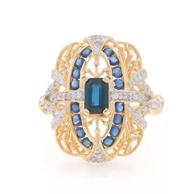 Yellow Gold Sapphire Diamond Ring - 14k Emerald & Round 1.00ctw Milgrain • $539.99