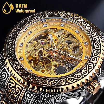 Luxury Men's Stainless Steel Automatic Mechanical Wrist Watch Gold Tone Skeleton • $28.48