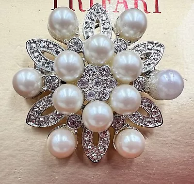 Vintage Crown Trifari Silver Tone Flower Brooch With Faux Pearl And Rhinestones • $31.50