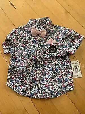 BNWT MATALAN Mini Me Baby Boy Short Sleeved FLORAL Shirt & Bow Tie Age 12-18 MTH • £3.99