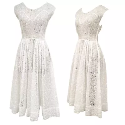 Vtg Vintage 1950s 50s 1940s 40s White Eyelet Lace Fit And Flare Pinup Day Dress • $120