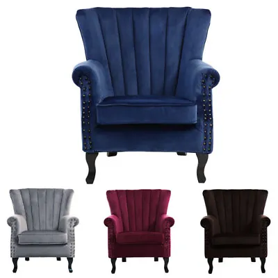 Wing Back Accent Chairs Velvet Fireside Armchair Rivet Insert Wood Legs Bedroom • £189.95