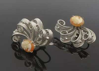 925 Silver - Vintage Carnelian Filigree Swirl Cameo Non Pierce Earrings - EG6153 • $58.08