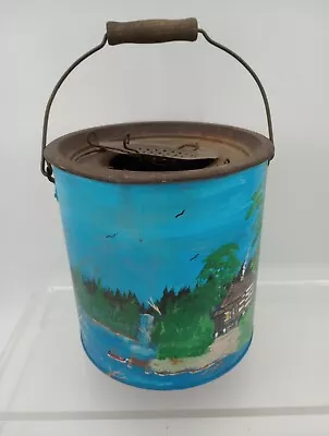 Vtg Hand Painted Galvanized Metal Minnow  Bucket For Fishing Signed Functional  • $50