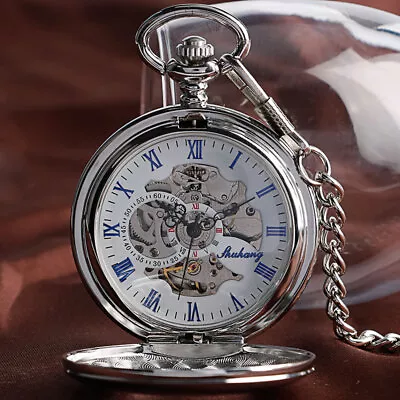 Automatic Mechanical Pocket Watch Skeleton Dial For Women Men Silver Smooth Case • $20.51