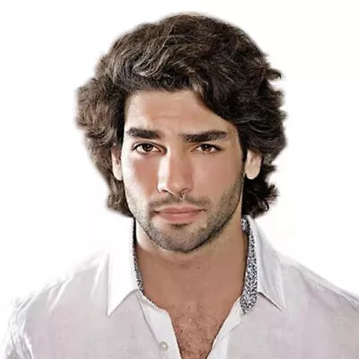 Handsome Men Natural Brown Full Wig Short Curly Wavy Hair Wigs Cosplay Party New • £19.49